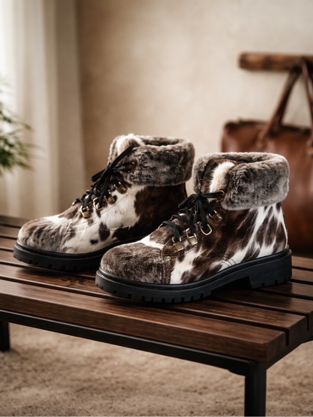 Myra Cowhide Leather Combat Booties Fur Trim Platform Brown Sz 7 NWT